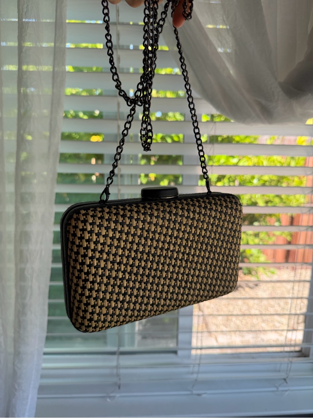 Woven Straw-Style Evening Clutch with Chain Strap - Black & Natural